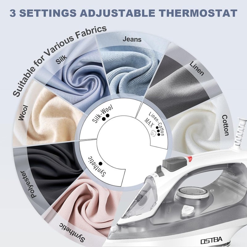 OSTBA 1600W Steam Iron for Clothes with Rapid Heating Nonstick Soleplate, Precise Thermostat Dial, Self-Cleaning, Anti-limescale, Drip Stop Function, 300ml Water Tank Clothes Iron - Image 2